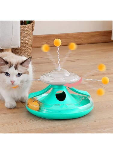 Okbuynow Cat Turntable Trackball Toy Pet Leaking Food Windmill With Funny Sticks Balls Food Dispenser For Kitten Puppies Pets Interactive Play, Green