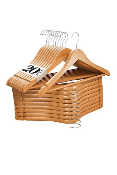 Wood Hangers, 20 Pack Hardwood Clothes Hangers with 360&Acirc;&deg; Swivel Anti-Rust Hook, Heavy Duty Non-Slip Coat/Suit Hangers - Wide Shoulders, Notches &amp; Adjustable Pant Bar, Space Saving for Shirt, Dress, Robe