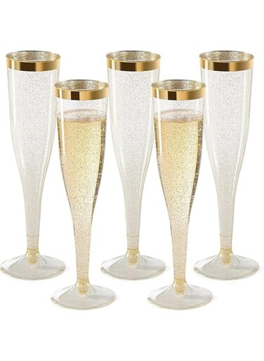 KASTWAVE Plastic Champagne Flutes, 6 PCS Gold Glitter Plastic Cups 6.5 OZ Clear Plastic Tumblers, Fancy Disposable Hard Plastic Cups, Premium Wedding Cups, Elegant Party Cups