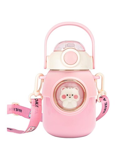 Oasisgalore Cute Pink Kids' 700ml Stainless Steel Water Bottle, Leakproof, Thermo-Insulated with Decor