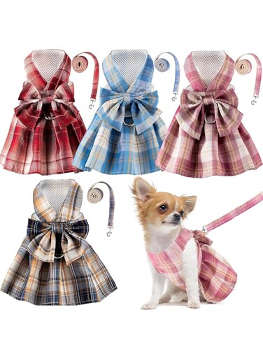 4 Pcs Plaid Dog Dress Bow Tie Harness Leash Set Harness Dress for Small Dogs Cute Dog Pet Girl Puppy Summer Clothes for Female Summer Bunny Rabbit Clothes Yorkie Chihuahua Training Walking (Small)