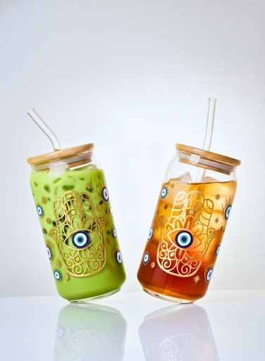 Set of 2 - 550 ML Borosilicate Evil Eye Themed Sipper Glasses with Bamboo Lids &amp; Glass Straws