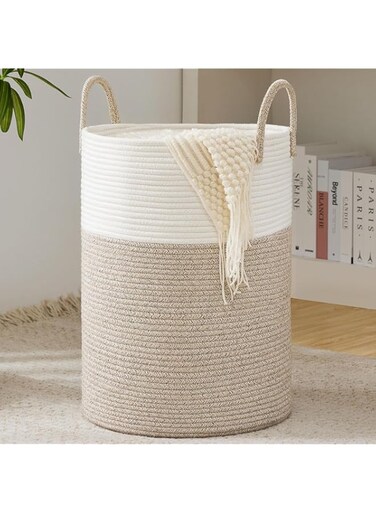 Cotton Rope Laundry Basket, 43L Woven Collapsible Laundry Hamper, Clothes Hamper with Reinforced Handles in the Laundry Room, Bedroom, Bathroom, Brown