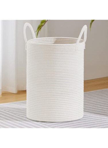 VIPOSCO Large Laundry Hamper, Tall Woven Rope Storage Basket for Blanket, Toys, Dirty Clothes in Living Room, Bathroom, Bedroom - 100L White