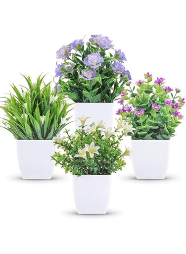 Tazweeq 4 Pack Small Fake Plants, Mini Artificial Faux Plants with Flowers, for Home Room Farmhouse Bathroom Wedding Flower Decor Indoor