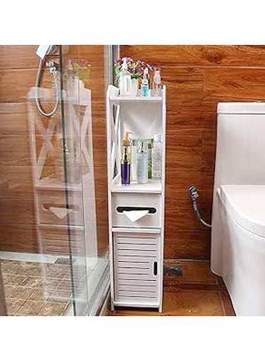 Premium Multipurpose Slim Storage Cabinet &acirc;&euro;&ldquo; Freestanding Organizer with Drawer &amp; Cupboard &acirc;&euro;&ldquo; Modern White Bathroom or Kitchen Shelf Unit with Ventilated Door
