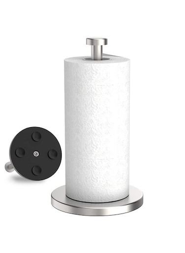 Paper Towel Holder Countertop, Stainless Steel Paper Towel Holder Stand with Weighted Base Suction Cups, Standing Paper Towel Roll Holder for Kitchen Bathroom (Silver)