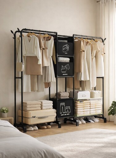 Four-Rail Double Row Clothing Rack with Shelves and Storage Organizers &acirc;&euro;&ldquo; Heavy Duty 4-Tier Quadruple Hanging Garment Organizer with Bottom Storage Shelf, Space-Saving Clothes Hanging Stand for Bedroom, Laundry Room &amp; Balcony, 80kg Load Large Capacity Featuring Four Horizontal Bars for Hanging Clothes, Laundry Room, Balcony, Bedroom Sheets, Quilts, Blanket, Coats, Skirts, Shirts, Hats, Sweaters Holder 200cm, Black