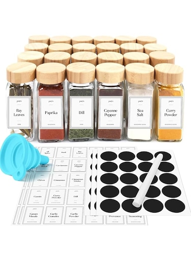 Spark It . 12 Glass Square Spice Jars With Bamboo Lid, Labels Stickers, Funnel, 1 Pen, 4 oz, Spice Container Set, . Airtight Storage Bottles For Herbs &amp; Spices, Kitchen Cabinet &amp; Drawer