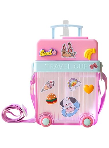 TWISOO Kids Travel Water Bottle with Fun Suitcase Design &ndash; Portable, Leak-Proof Drinking Cup with Adjustable Strap, BPA-Free, Ideal for School, Travel, and Outdoor Activities (450ml) (Pink)