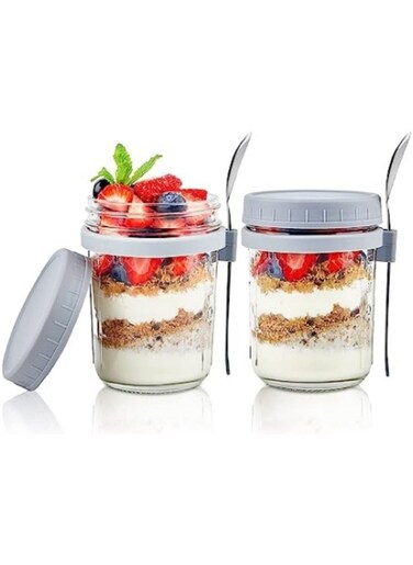 2Pcs Overnight Oats Jars with Lid and Spoon Airtight Oatmeal Container with Measurement Marks 350ml