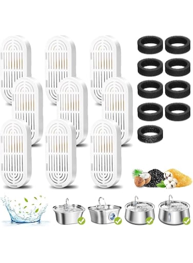 Doeek 9+9Pcs Cat Water Fountain Filters, Triple Filtration System Pet Cat Fountain Filter Replacement for Doeek 4L/134oz (Silver, 4L Filters)