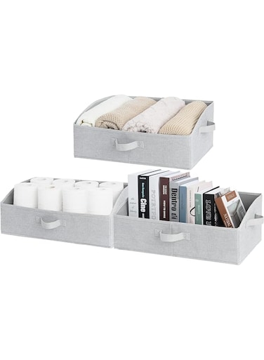 KASTWAVE Closet Storage Bins, Trapezoid Storage Box with Handles, Foldable Organizer Bins and Baskets for Clothes, Polyester Canvas Bins, Jumbo (19.75"L x 11"W x 5.25"H)(3 Pcs, Light Grey)