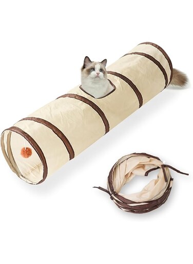 L DDLPOCKET Furry Fun Cat Tunnel - Collapsible Tube Toy with Holes for Indoor Cats, Kittens, Puppies, and Rabbits - Ensures Endless Entertainment for your Furry Friends! (Brown, I shape)