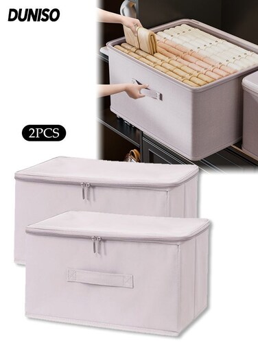 2PCS Storage Boxes with Zipper and Lid, Large Capacity Collapsible Linen Fabric Box with PP Plastic Board, Wardrobe Clothes Organizing Containers for Bedding, Blankets, Toys