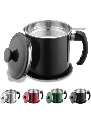 Kyraton Black Bacon Grease Container With Strainer, 48 oz Black Coating Stainless Steel Oil Container, Pot Fat Storage With Lid, Easy Grip Handle Suitable For Storing Frying Oil And Cooking Grease