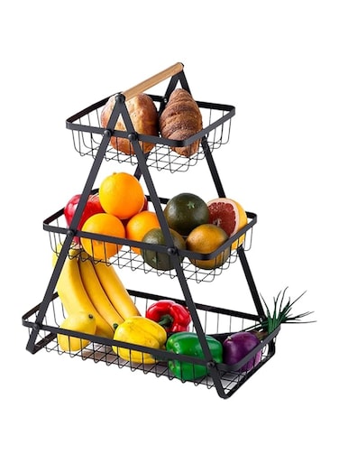 GoldenLike 3-Tier Countertop Fruit Basket,Large Detachable Metal Storage Rack，Portable Fruit Bowle Basket for Kitchen Organizer Storage &amp; Dining Room Fruits Vegetable Bread Snacks (Black-3 Tier)