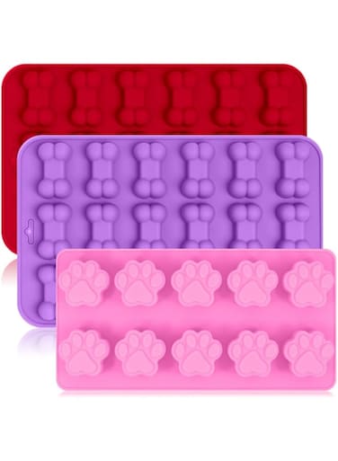 FineGood 3 Pack Silicone Ice Molds Trays with Puppy Dog Paw and Bone Shape, Reusable Bakeware Maker for Baking Chocolate Candy, Oven Microwave Freezer Dishwasher Safe - Pink, Red, Purple