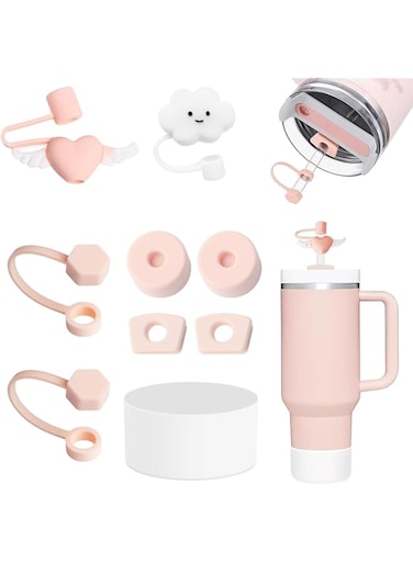 Stanley Cup Accessories Set Including 6 Pcs Silicone Spill Proof Stopper, 2 Pcs Straw Cover Cap for 9-10 mm Straws, 1 Pcs Clear Silicone Boot for Stanley Cup Stanley 40oz &amp; 30oz Tumbler (PINK)