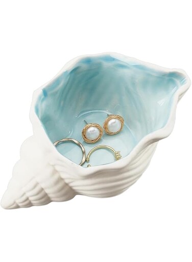 Tazweeq Conch Shape Ceramic Jewelry Tray, Ocean-themed Decorative Trinket Plate, Shell Dish Ceramic Ring Earring Holder, for Rings Earrings Necklaces Bracelet Jewelry Watch Keys