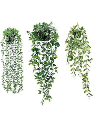 HOOTO 3 Pack Artificial Hanging Plants, Plastic Fake Potted Greenery Faux Eucalyptus Vine, Mandala Vine, Pea pod Leaves in Pot for Home Shelf Wall Office Indoor Outdoor Room Decor Green