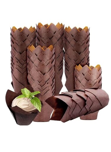 Tulip Baking Paper Cups Cupcake Liners Baking Cups Muffin Wrappers Greaseproof Paper Made,Perfect for Birthday Parties,Weddings,Bakeries,Restaurants, Brown