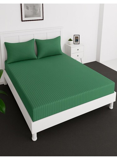Deep Fitted Bed Sheet +2Pcs Pillow Covers, King/Queen/Double/Single Sizes, Color Green, Depth 30cm
