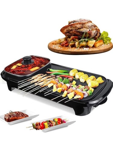 Smokeless Non-Stick Indoor 2 in 1 Large Electric Grill and Hot Pot, Shabu Electric Hot Pot with Divider, Indoor Korean BBQ Grill, Non-Stick BBQ Hotpot Grill Combo for Family Party