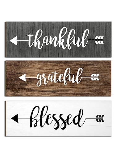 bpa 3 Pieces Thankful Grateful Blessed Wooden Signs Hanging Wall Signs Rustic Wall Art Decor Welcome Plaque Sign for Farmhouse Outdoor Decor (Gray, White, Dark Gray)