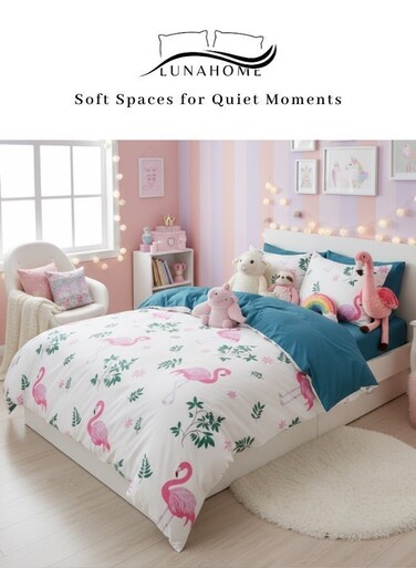 Home Single size, 4-piece 1 Duvet cover - 160*210cm.1 Fitted sheet - 100*200+30cm. 2 Pillow cases - 50*75cm. Stunning pink flamingo design set against a white background with touches of pink.