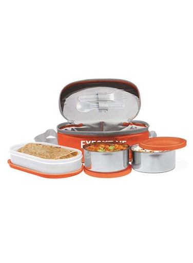 6-Piece Lunch Box Set with Insulated Bag &amp; Cutlery - Includes Microwave Safe Oval Plastic Container (500ml) &amp; 2 Stainless Steel Containers (280ml Each), Keeps Food Hot - Executive Orange