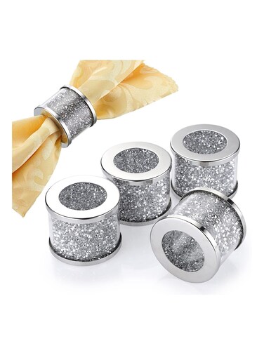 Sliver Napkin Rings Set, Sparkly Glass Napkin Holder with Metal Frame for Holiday, Metal Ring for Dinner Party, Wedding Decor, Table Decorations (4 Pcs)