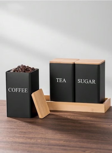 3pc Coffee Storage Can Tea Snacks Coffee Bean Storage Can Bamboo Lid Iron Art Display Square Can