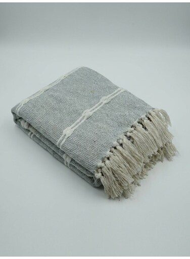 130 x 160 cm Cotton Throw Light Grey Blanket With Boho Tassels For Couch And Bed Sofa Cover Decorative Tufted Striped Design 400GSM