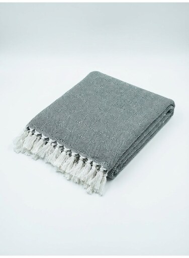 130 x 160 cm Cotton Woven Wooly Cotton Knitted Throw Charcoal Grey Blanket. This luxurious 400GSM decorative boho fringed blanket features a geometric diamond pattern, perfect for your living room sofa couch or bed.