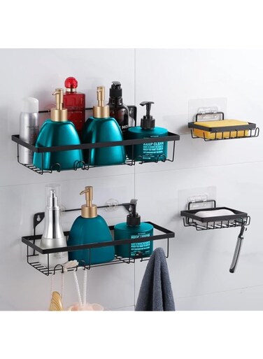 FAOFOB Shower Caddy Bathroom Organizer,Shower Organizer with Hooks and Soap Dish,Adhesive No Drilling Shower Rack Rustproof Shower Shelf for Inside Shower Kitchen Storage Rack 4 Pack