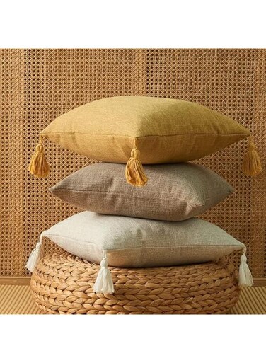 Cushion Cover 45 x 45 cm Solid Plain Linen Cotton Pillow Cover With Tassels kakki, Beige Home Decor Pillow Case Sofa Throw Pillow (kakki)