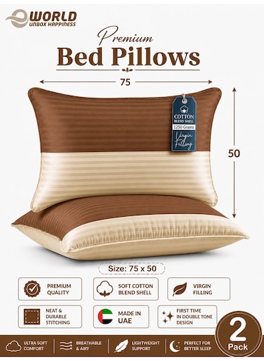 Pack of 2 Down Alternative Bed Pillows, 1250g Fill, Cotton Blend Cover, Hotel Quality, 50x75cm, Brown-Cream
