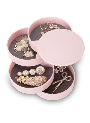 Oasisgalore Jewelry Organizer, Small Jewelry Storage Box Earring Holder for Women, 5-Layer Rotating Travel Jewelry Tray Case with Lid for Bracelets Rings Bracelets(pink)