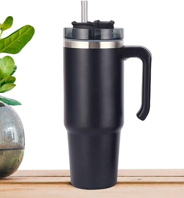 Insulated Stainless Steel Travel Mug 30oz (900ML) with Handle, Straw &amp; Lid, Double Wall Vacuum Tumbler, Leak Resistant Coffee Cup, Car Cup Holder Friendly, Keeps Drinks Hot &amp; Cold for Travel, Office Black