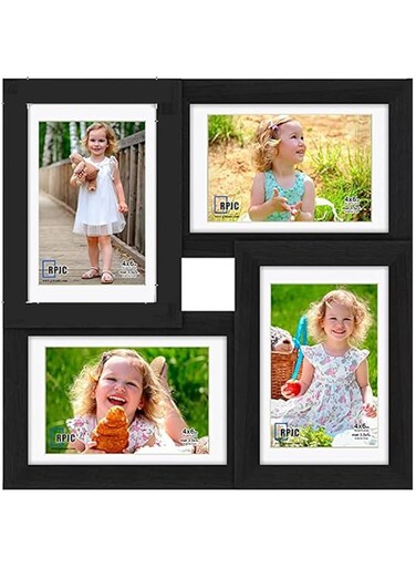TAME Picture Frames Collage, Black Multi Photo Frames Display 4 x 6 Pictures, 4 Opening Family Photo Frame Collage for Wall or Table Display