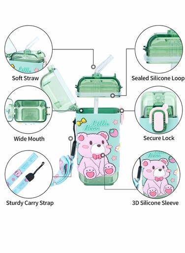 Bear Kids Water Bottle with Straw and Shoulder Strap BPA Free Leak Proof Reusable for School Travel Gifts