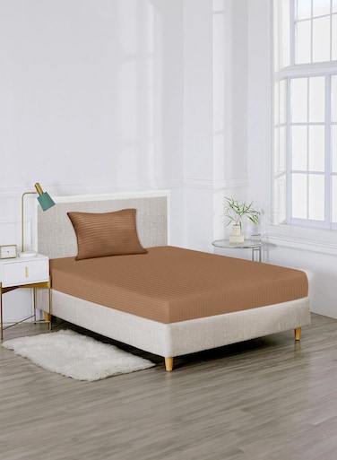 Linen Single Striped Fitted Elastic Bedsheet with 1 Pillow Case 90 x 190 Coffee Brown