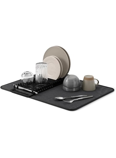 Umbra Udry Crockery Drying Rack and Microfibre Drying Mat - Foldable, Space-Saving and Easy to Store, 61 x 45.7 cm, Black, One Size