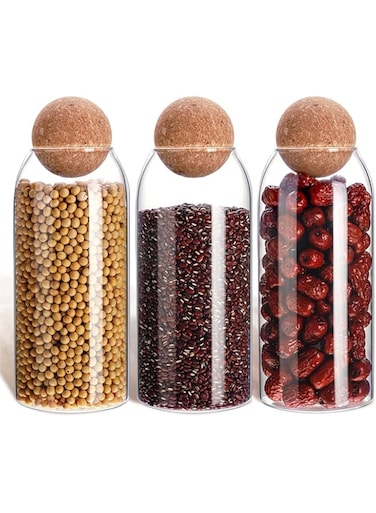 3 Pcs Glass Jar Storage Container with Ball Cork Decorative Round Organizer Bottle Sealed Canister Jar with Airtight Seal Wooden Lid for Food Coffee Bean Candy Biscuits Spice(1000 ML/ 34 Oz)