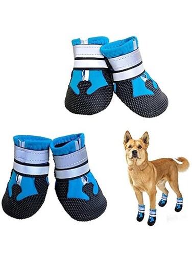 KASTWAVE Dog Shoes, Dog Boots for Injured Paws Waterproof, Set of 4 Dog Walking Boots Dog Paw Protectors with Adjustable Reflective Straps and Anti Slip Sole for Small Medium Large Dogs (Blue)