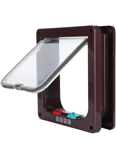 Entatial Small Pet Door, Weatherproof Waterproof Cat Flap Door 4 Switching Modes Exquisite Plastic Transparent with Screw for Indoor and Outdoor for Household(Brown, M)