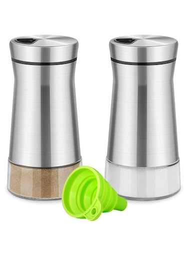 Salt and Pepper Shakers, with Adjustable Pour Hole, Stainless Steel Salt Shaker with Clear Glass Bottom, Refillable Spice Dispenser Perfect for Home Kitchen Bbq Restaurant with Green Funnel(2pcs)