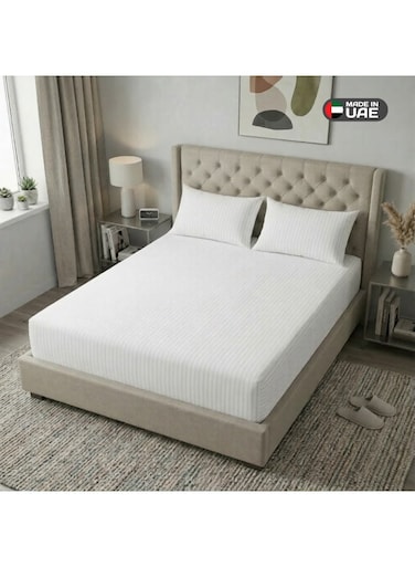 Striped Fitted Sheet Set White Cotton Bedding Set with Deep Pocket Elastic Bed Sheet and One Pillowcases Breathable Soft Fabric Mattress Cover 90x200 cm
