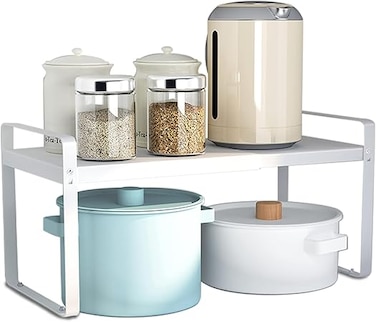 Expandable Cabinet Shelf Organiser Storage Rack, Kitchen Cabinet Organizer Shelf, Cupboard Stand Spice Rack, Stackable Heavy Duty Plate Pantry Shelves Space Riser for Kitchen Bathroom (White)